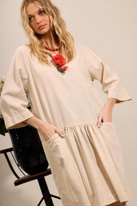 Yacamim Beige Linen Short Dress With Pockets