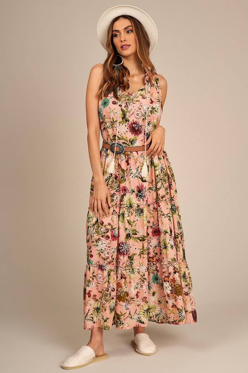 Sleeveless Long Broderie Rosé Yacamim Dress