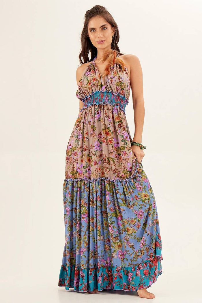 Blue Patchwork Halter Neck Maxi Dress Yacamim