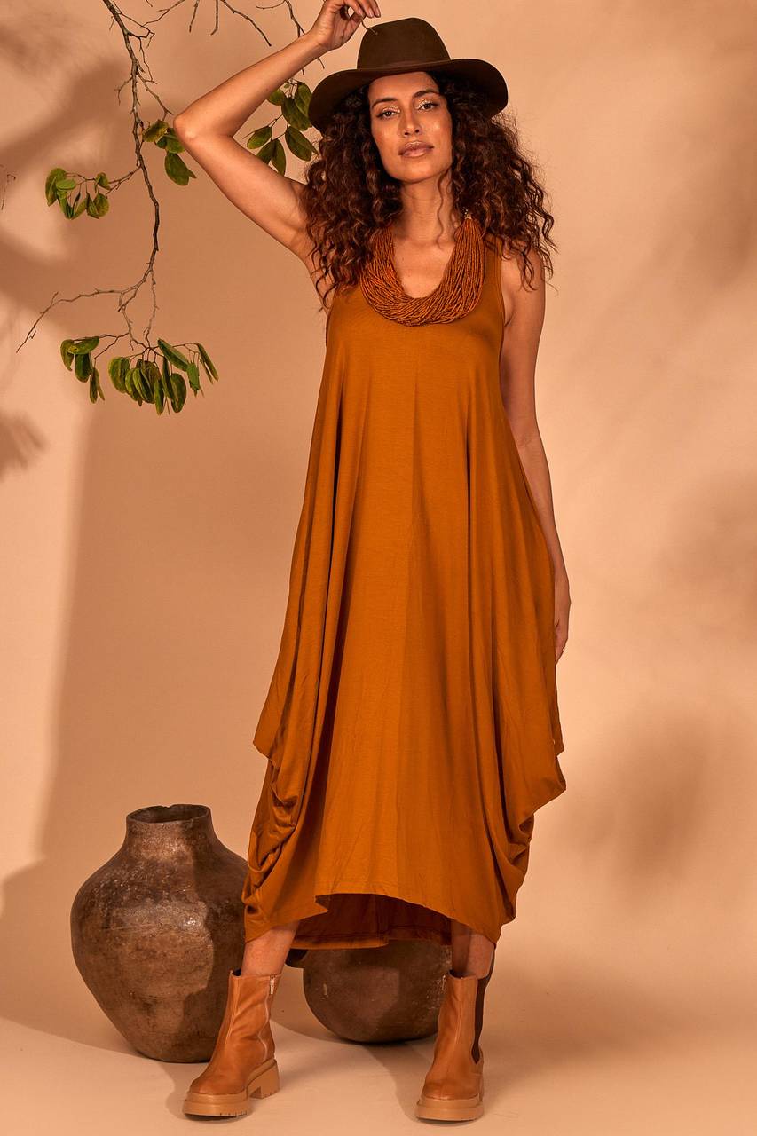 Yacamim Orange Sleeveless Midi Dress with Pockets
