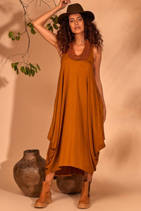 Yacamim Orange Sleeveless Midi Dress with Pockets