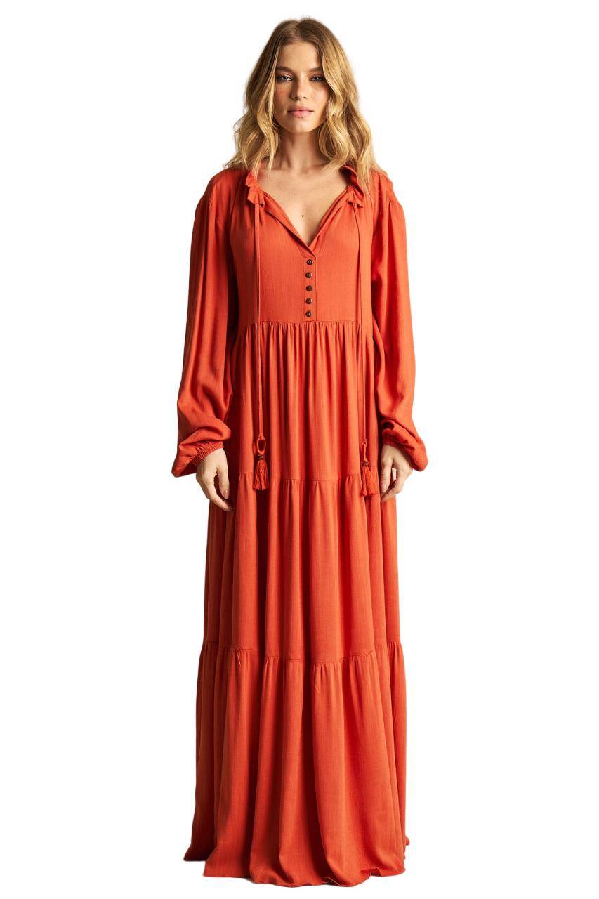 Rust Orange Three-Tiered Long Dress Yacamim D1