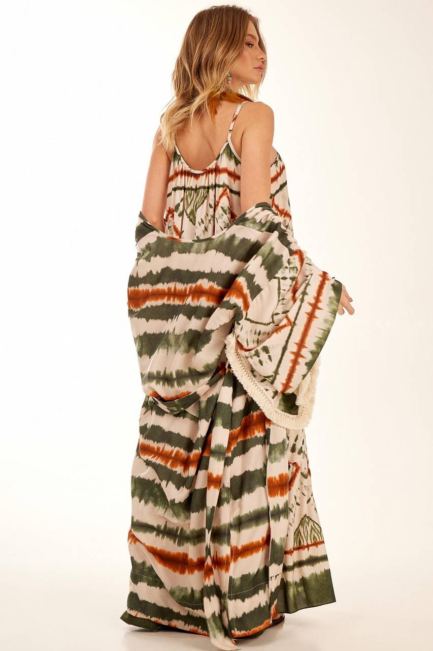 Yacamim Green Tie-Dye Digital Print Long Dress with Adjustable Straps