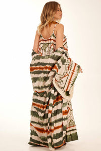 Yacamim Long Kimono with Green Tie-Dye Digital Print and Fringes