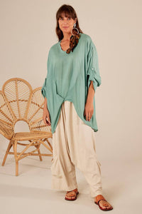 Yacamim Mint Green Loose V-Neck Shirt with Front Pleat