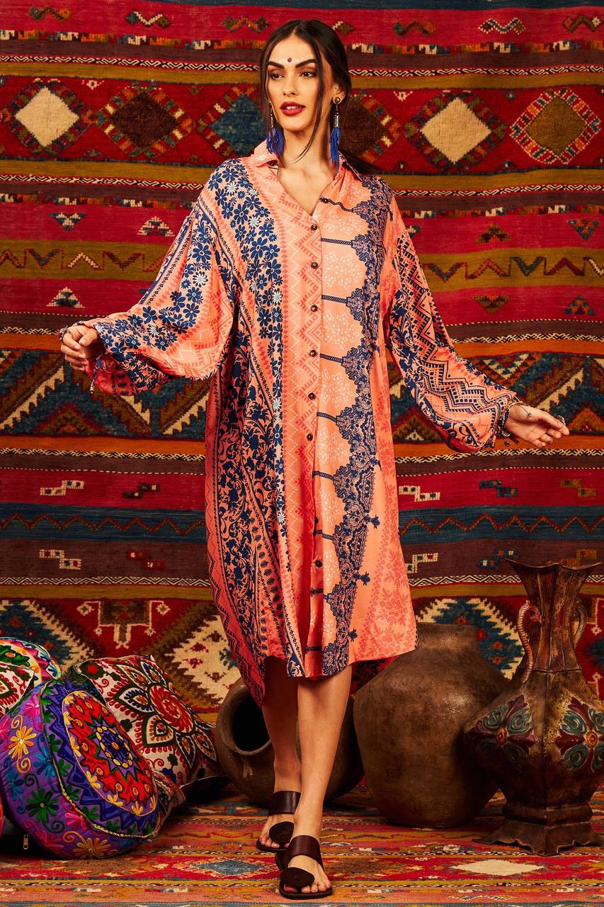 Salmon Printed Yacamim Midi Shirt with Puffy Sleeves