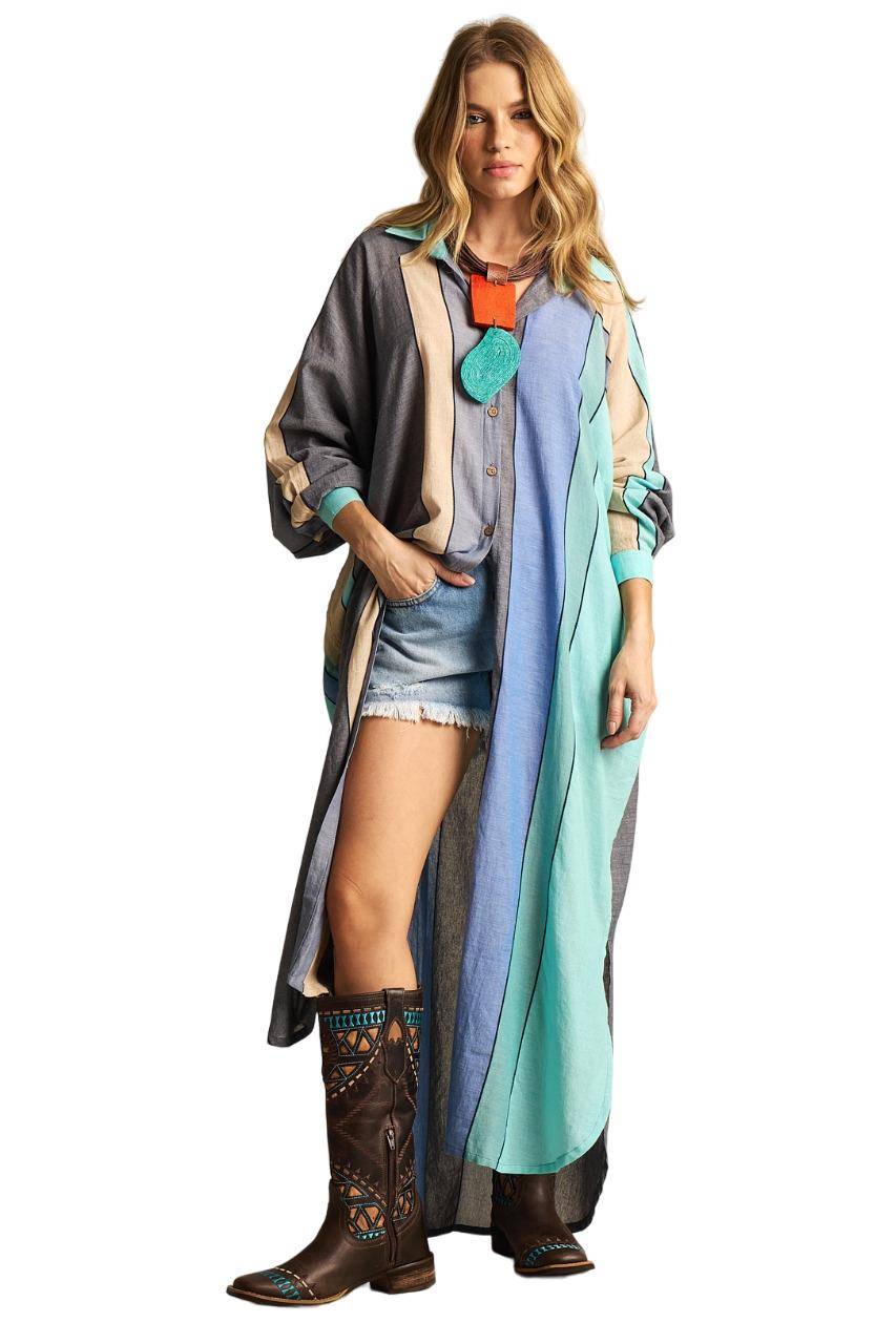 Yacamim N3 Blue and Green Striped Loose Long Shirt