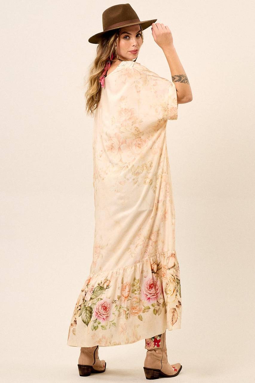 Long Printed Beige Dress with Lace Detail at the Neckline Yacamim