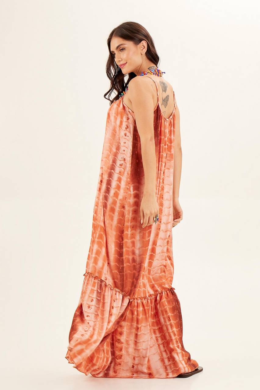 Yacamim Brown Tie-Dye Long Dress with Adjustable Straps