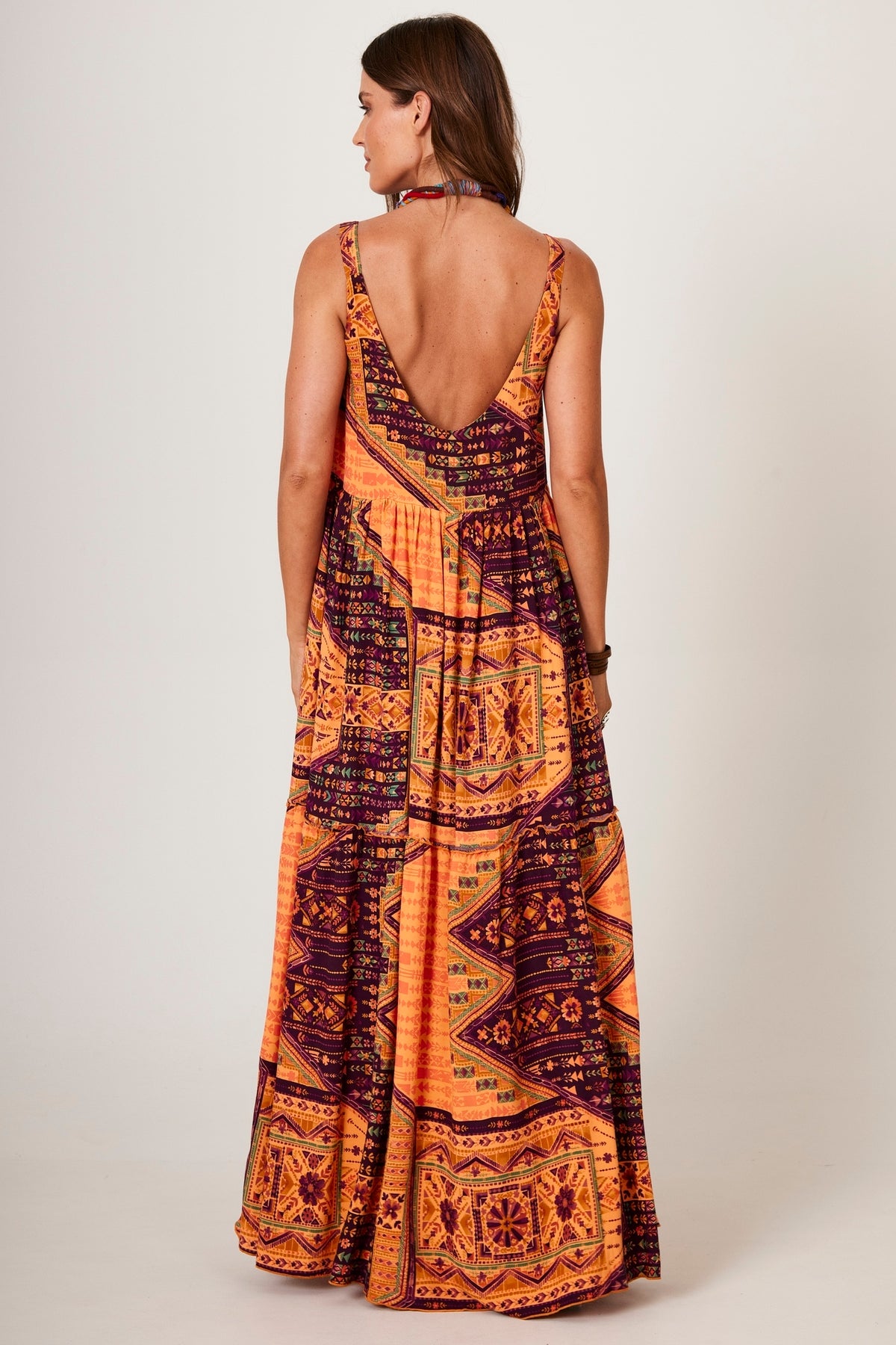 Orange Yacamim E1 Geometric Print Wide Strap Long Dress