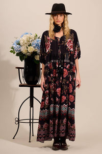 Yacamim Black Printed 3/4 Sleeve Long Dress