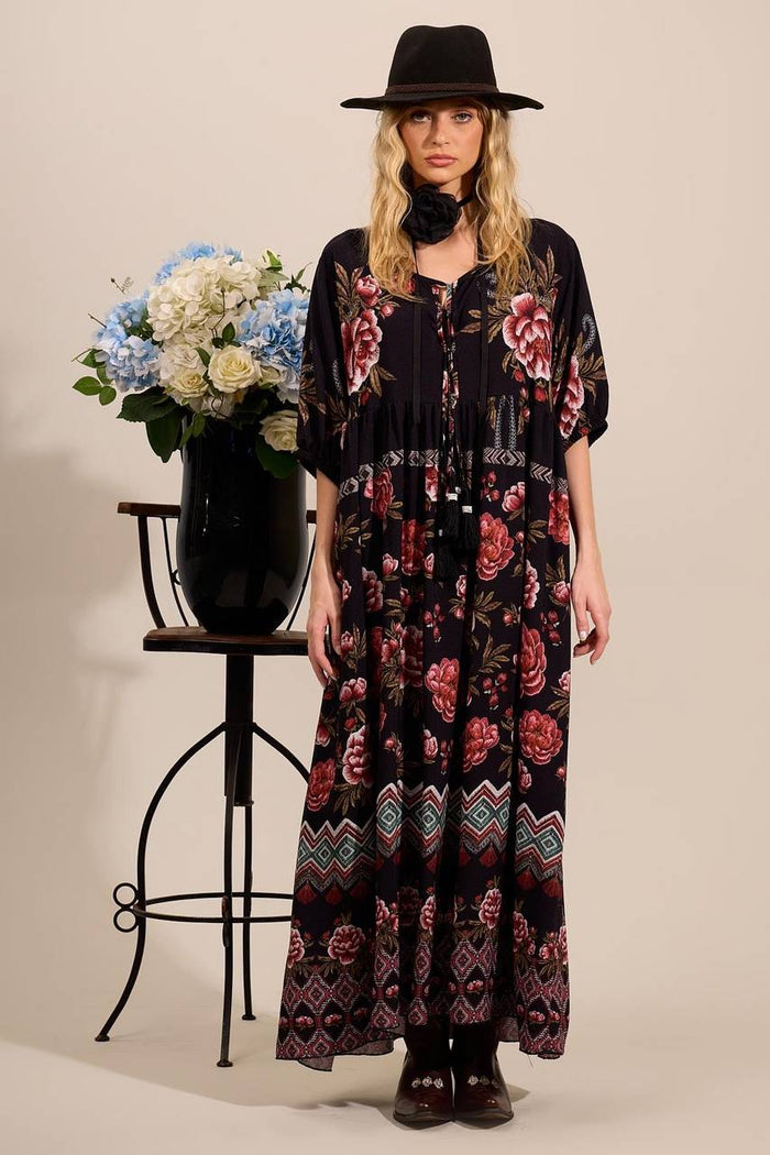 Yacamim Black Printed 3/4 Sleeve Long Dress