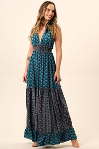 Yacamim D20 Dark Blue Patchwork Long Dress with Halter Neckline and Shirring