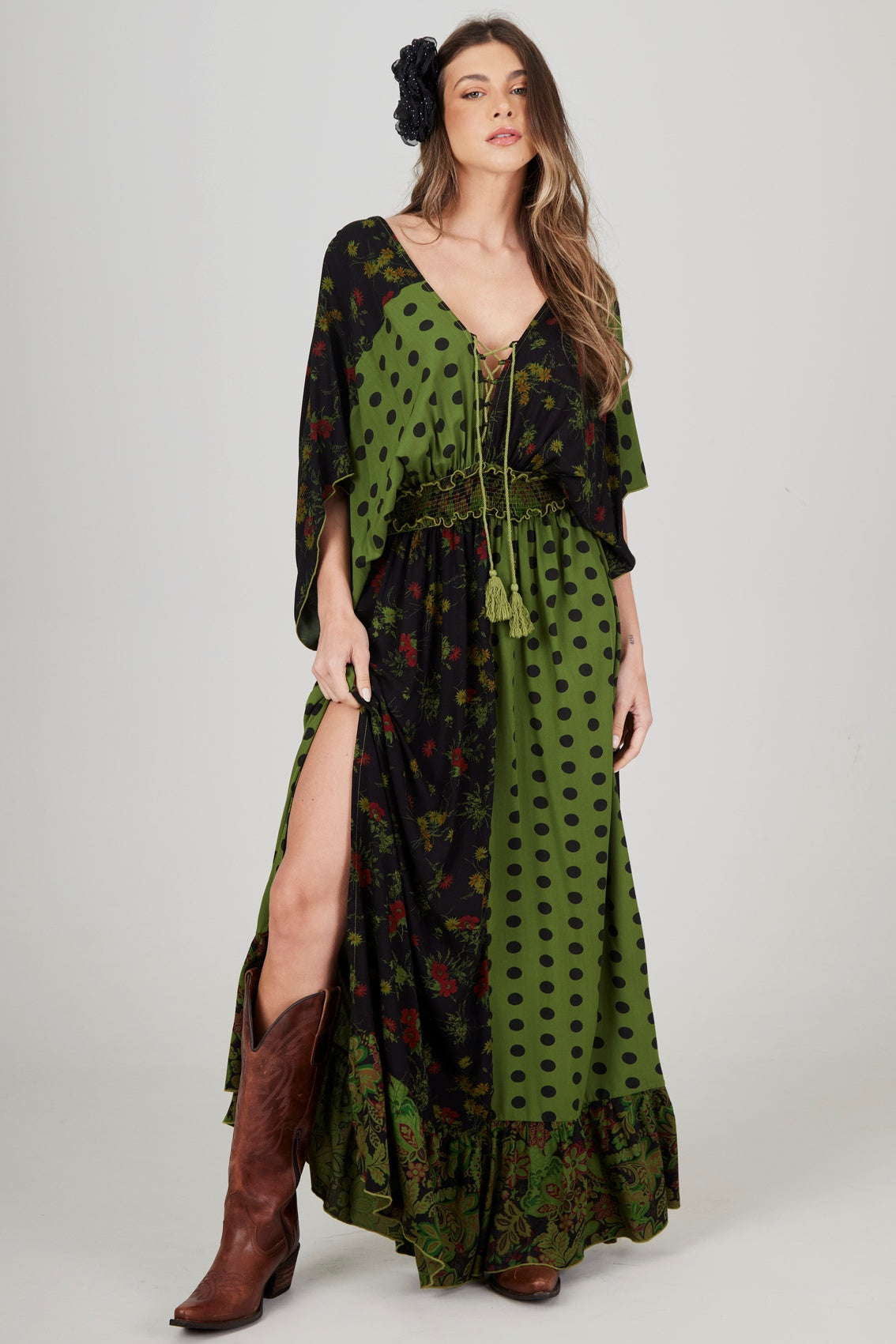 Yacamim E18 Green Polka Dot Patchwork Long Dress