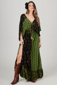 Yacamim E18 Green Polka Dot Patchwork Long Dress