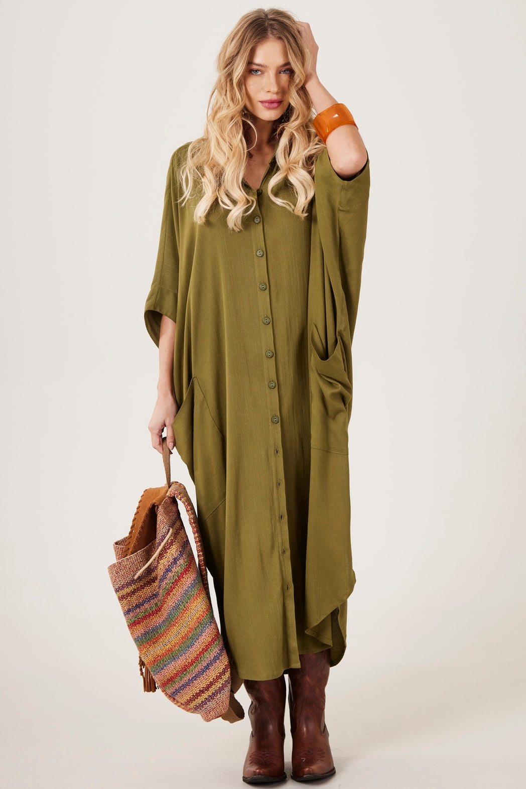 Yacamim 3/4 Sleeve Long Shirtdress Military Green M3 Plain