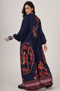 Yacamim C11 Navy Blue Cashmere Print Long Dress