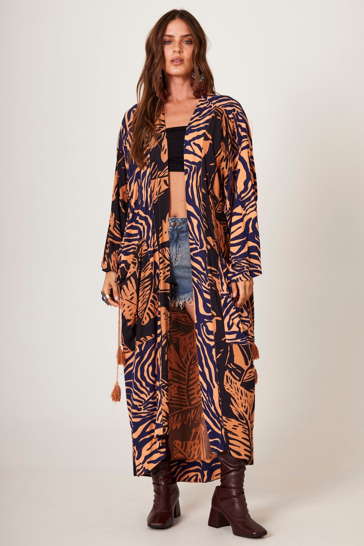 Yacamim J3 Light Brown and Black Printed Long Kimono with Pockets