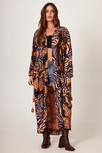Yacamim J3 Light Brown and Black Printed Long Kimono with Pockets