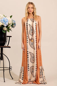 Yacamim Orange Paisley Print Halterneck Maxi Dress