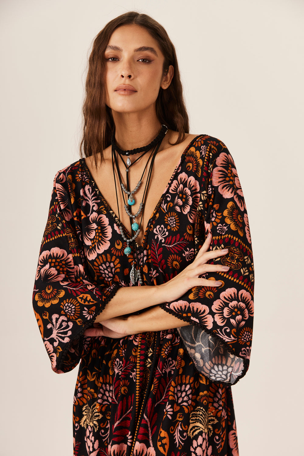 Yacamim C18 Printed Black Shirred Long Dress