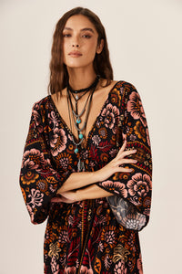Yacamim C18 Printed Black Shirred Long Dress