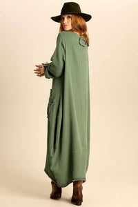 Yacamim Military Green Long Dress with Long Sleeves