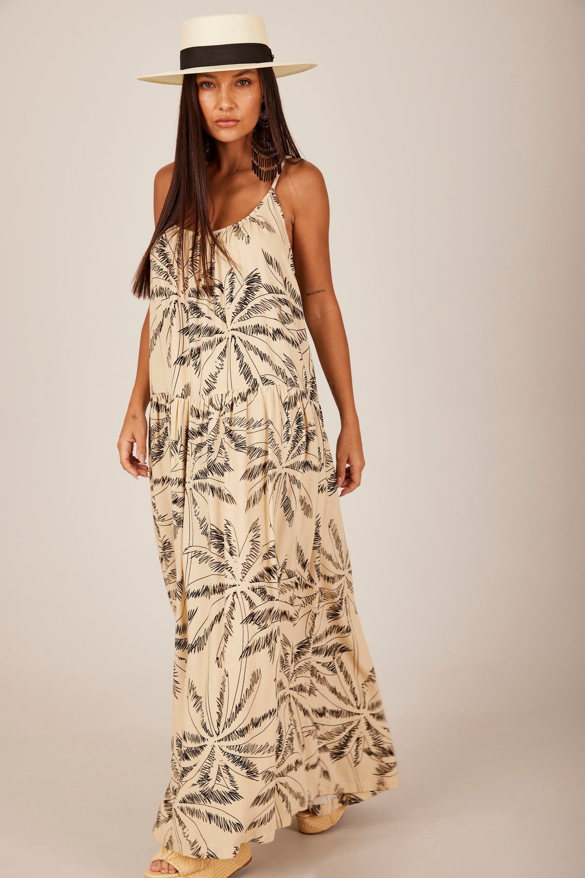 Yacamim D18 Beige Printed Linen Long Dress