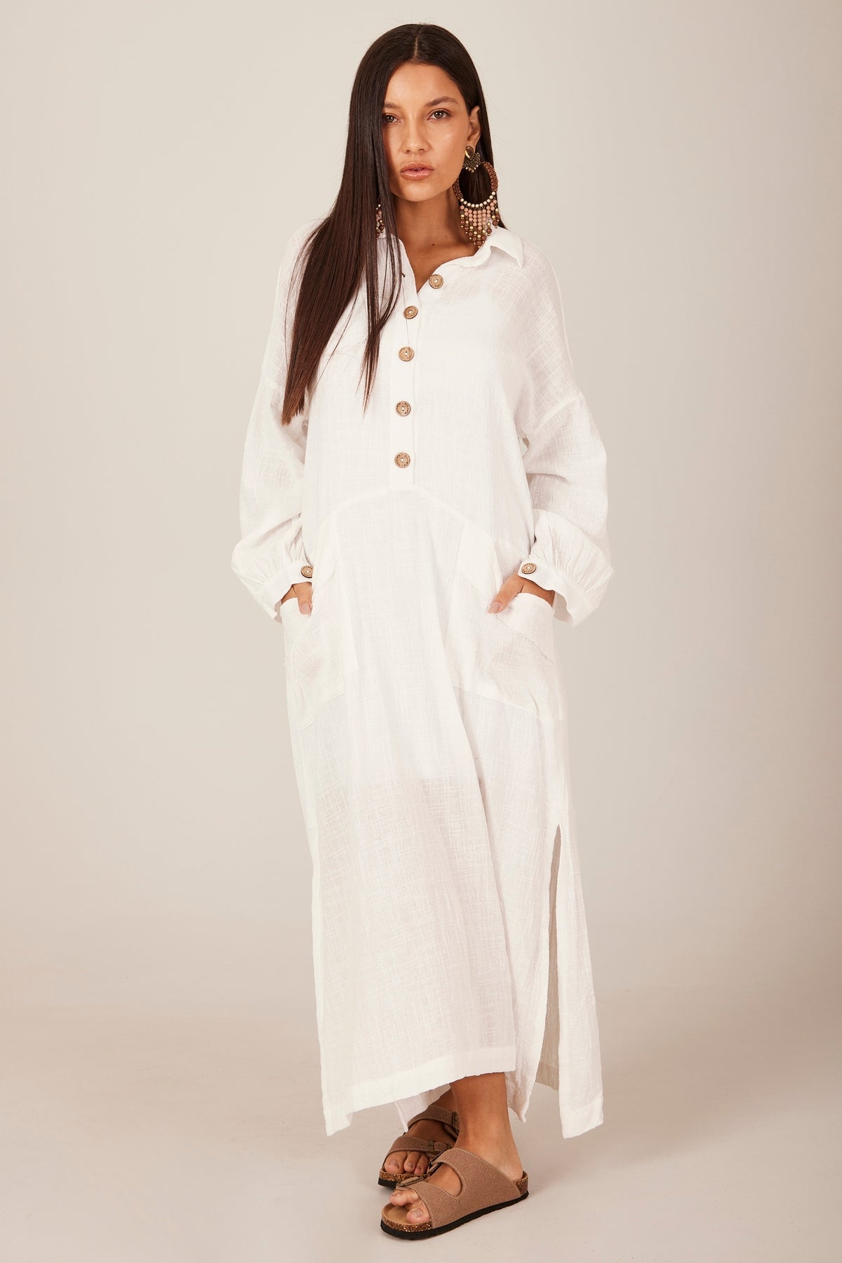 Yacamim Women's White M1 Plain Long Sleeve Slit Midi Dress