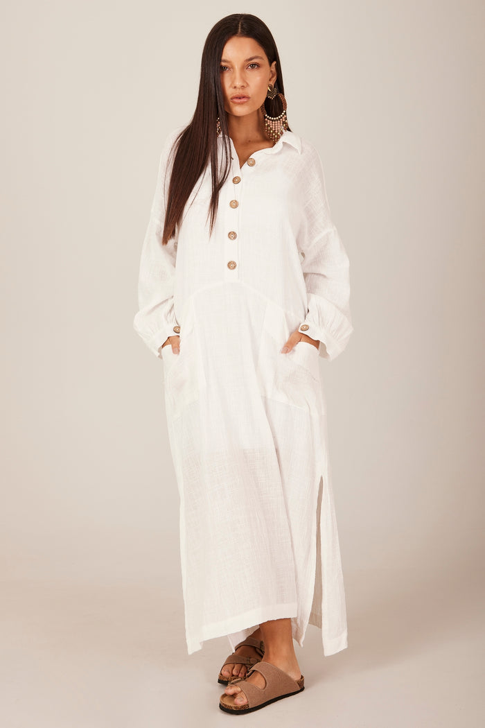 Yacamim Women's White M1 Plain Long Sleeve Slit Midi Dress