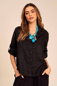 Yacamim Black 100% Linen Round Neck Shirt