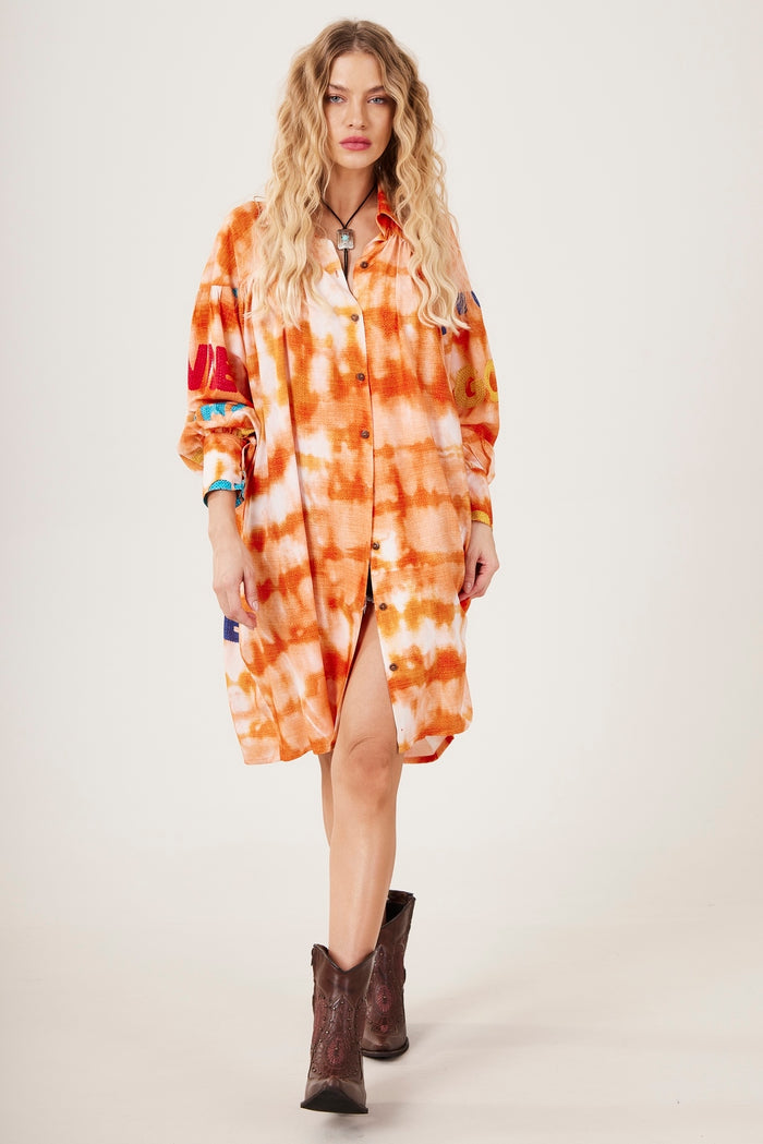 Digital Orange Tie-Dye Oversized Love Print Shirt Yacamim N6