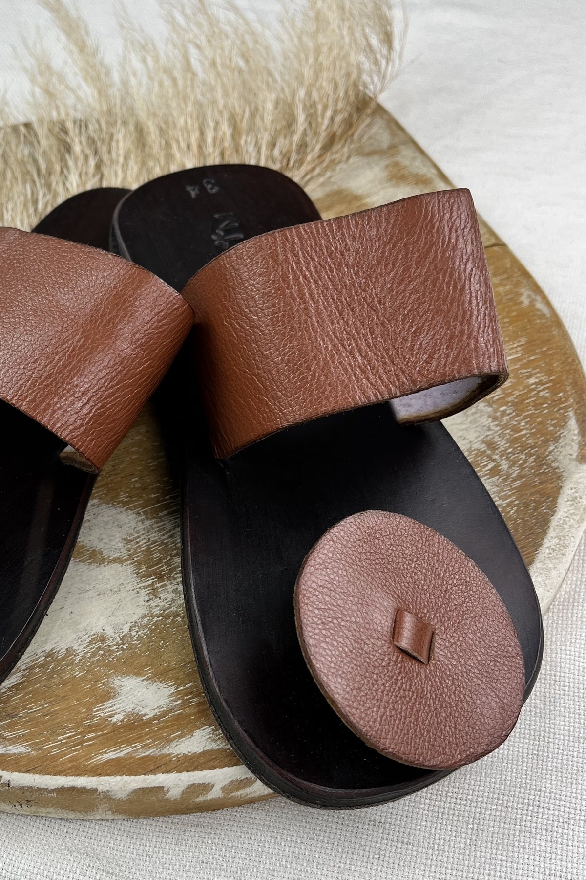Light Brown Wide Strap Leather Flat Sandal Yacamim #125