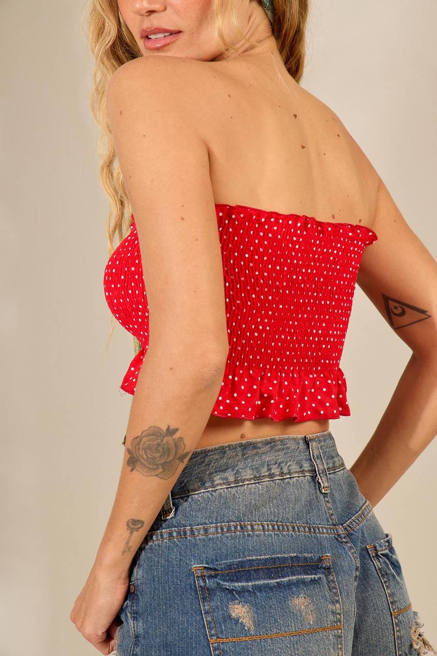Yacamim Red Polka Dot Shirred Cropped Top I10