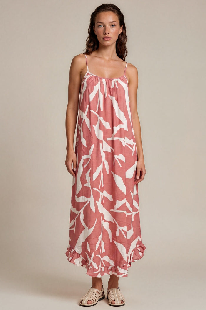 Vestido Midi Alças Reguláveis Com Babado Rosé Estampado Yacamim D29