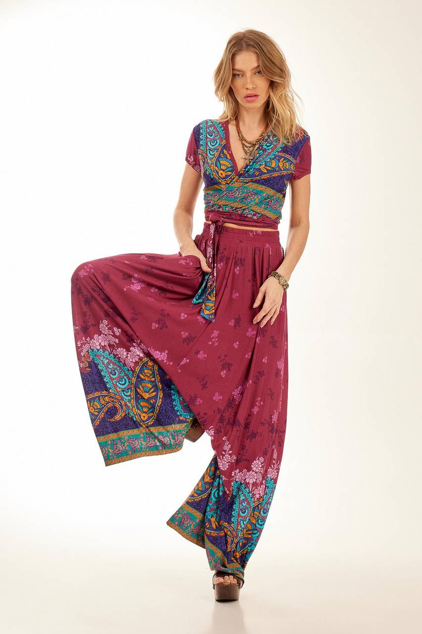 Yacamim Purple Sarouel Palazzo Pants with Cashmere Print