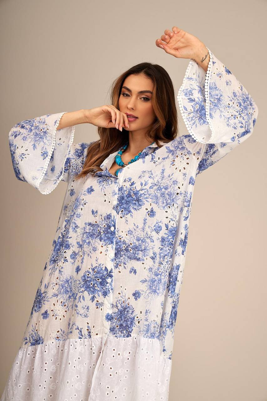Blue and White Patchwork Broderie Midi Shirt Dress Yacamim D13