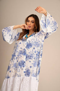 Blue and White Patchwork Broderie Midi Shirt Dress Yacamim D13