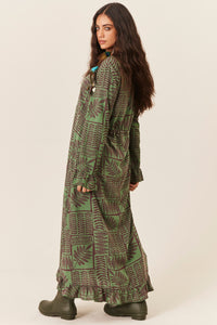 Vestido Longo Amplo Com Túnel De Regulagem Verde Escuro Estampado Yacamim D1