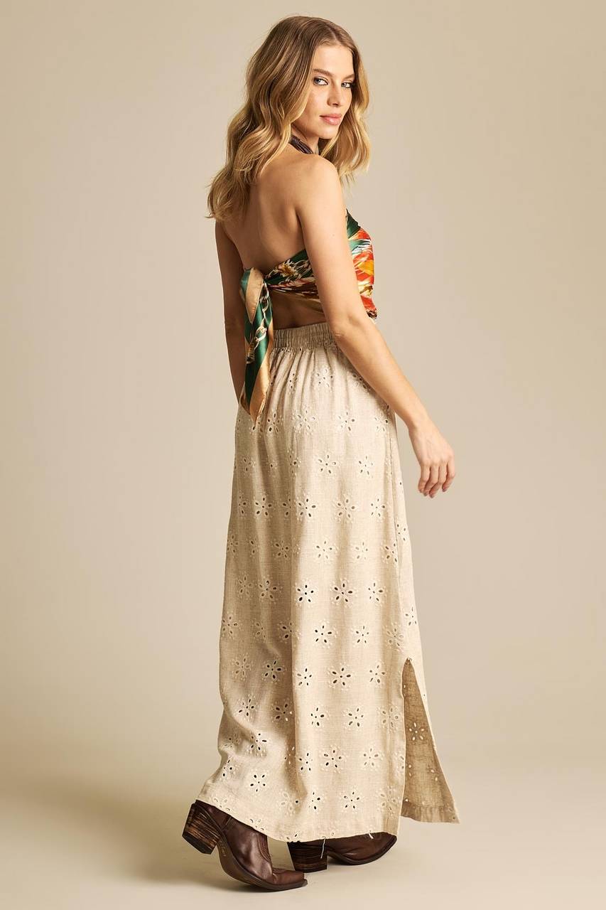 Yacamim Embroidered Beige Linen Full-Length A-Line Skirt G10