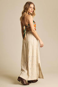 Yacamim Embroidered Beige Linen Full-Length A-Line Skirt G10