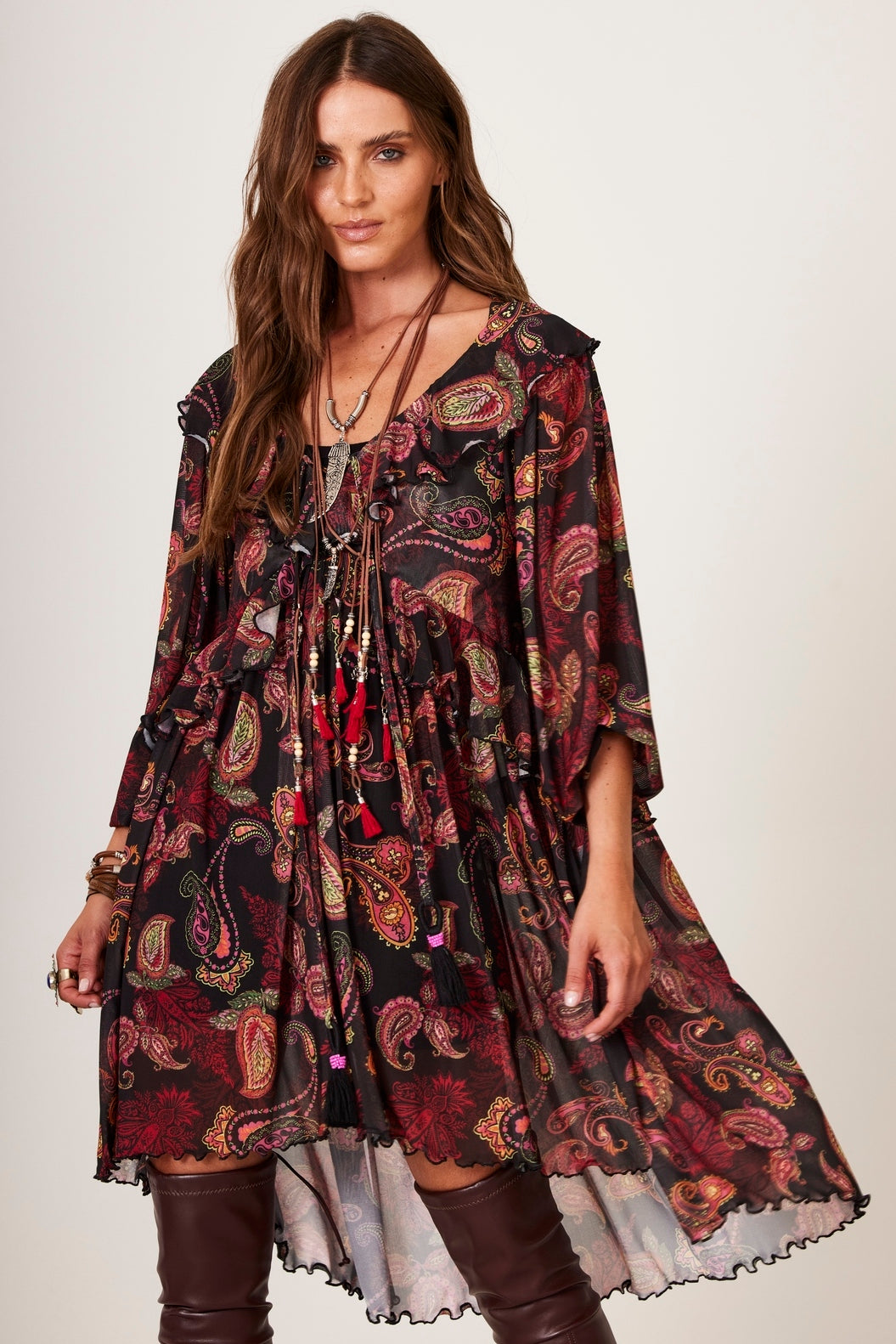 Yacamim C2 Black Tulle Short Dress with Cashmere Print