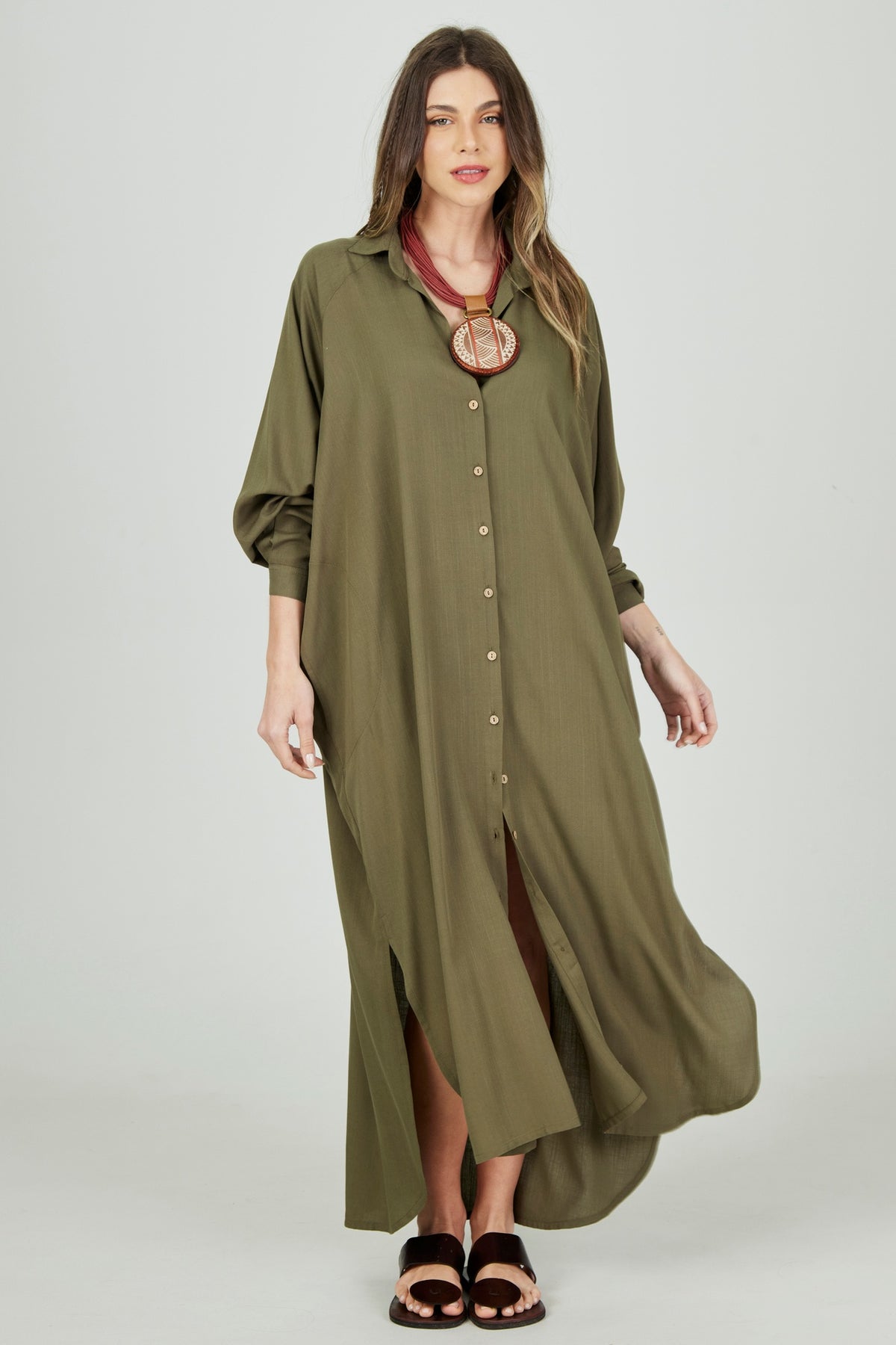 Yacamim Moss Green Loose Long Chemise P2