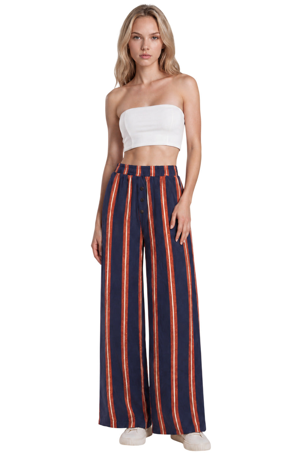 Calça Pantalona Azul Marinho E Vermelha Listrada Yacamim S6