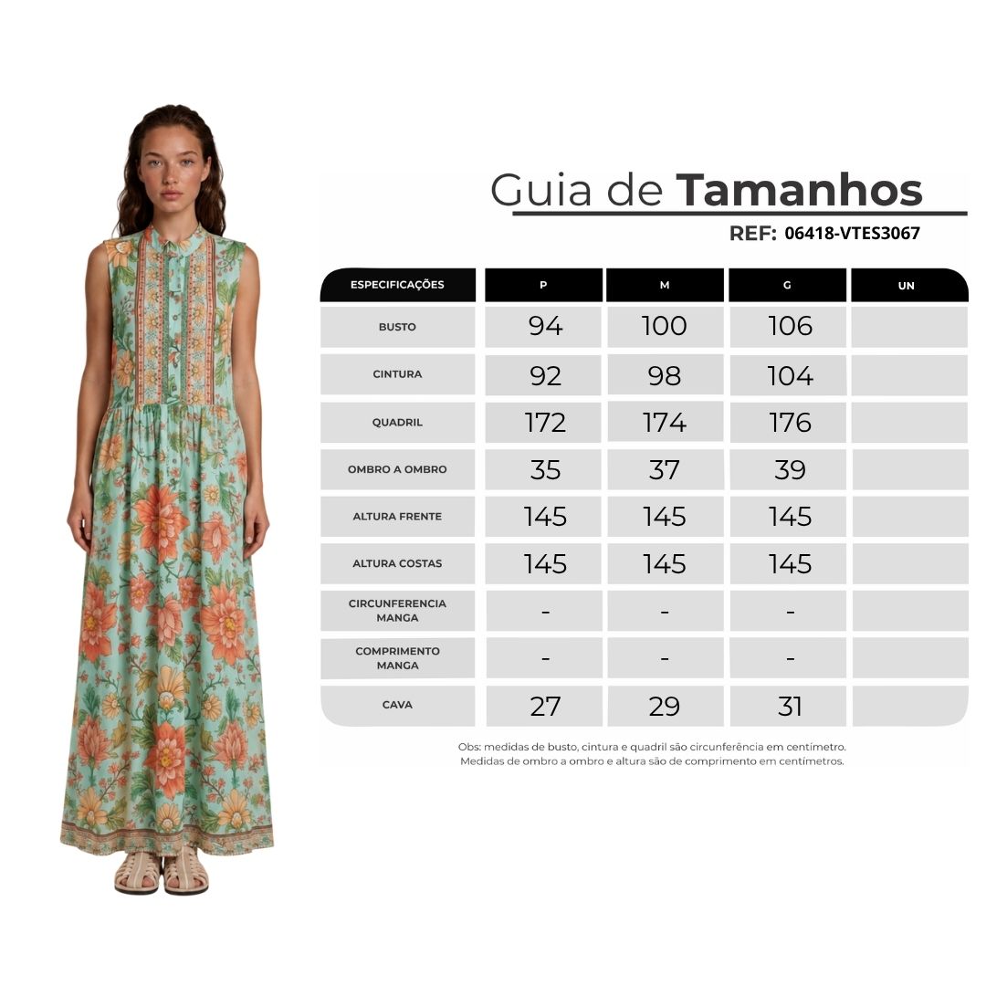Vestido Longo Sem Mangas Com Botões Verde Pistache Floral yacamim D11