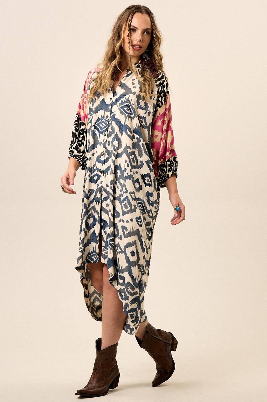 Yacamim Patchwork Print Off-White 3/4 Sleeve Loose Shirt