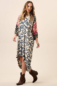 Yacamim Patchwork Print Off-White 3/4 Sleeve Loose Shirt