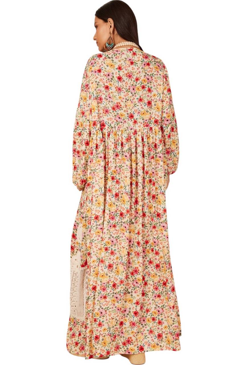Long Dress with Puffy Sleeves Beige Printed Yacamim C14