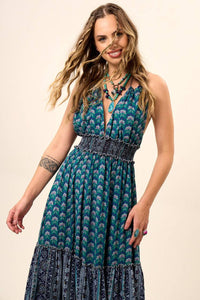 Yacamim C19 Blue Patchwork Long Dress with Shirred Halter Neckline