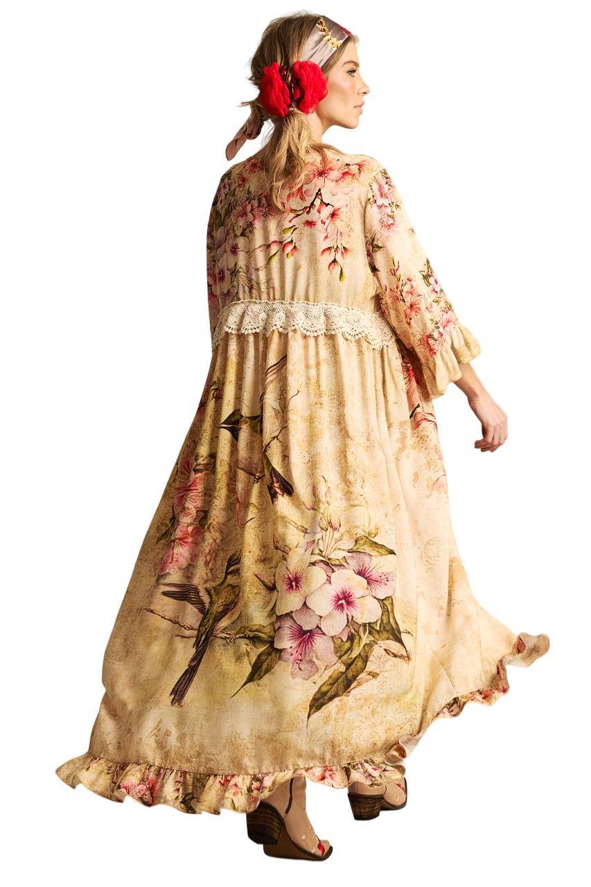 Yacamim D23 Beige Printed Midi Dress With Front Slit